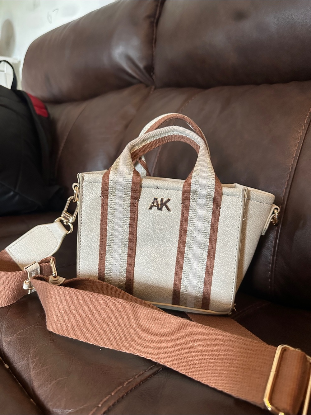 Anne Klein Cream and Brown Striped Crossbody Tote